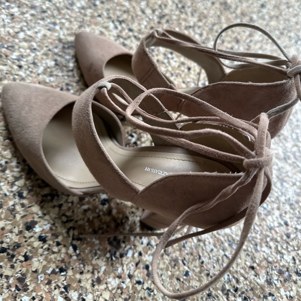 BCBG suede nude/cream strappy chunky heel with wrap around ankle laces.